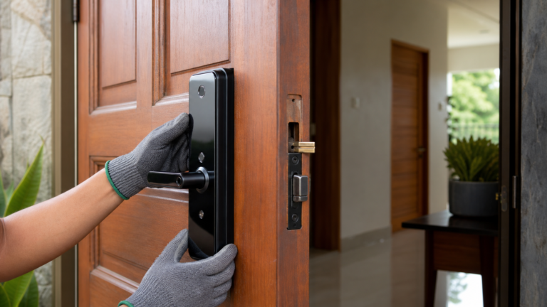 Gloved technician aligning a generic smart lock on a wooden Pampanga home door
